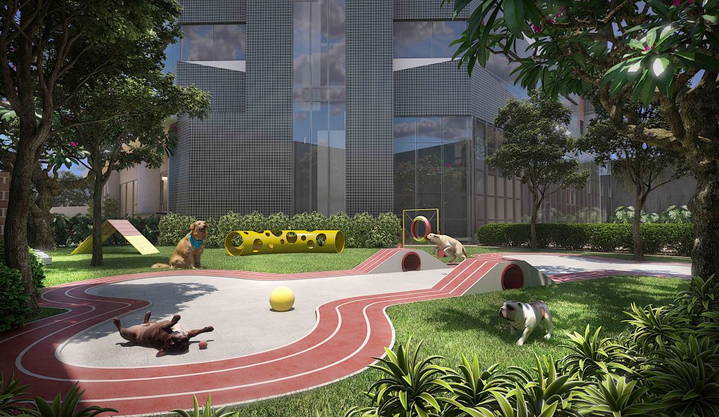 Imagem ilustrativa de um espaço Pet Place no empreendimento imobiliário AYA, em Guarulhos, com jardim, túneis e outros entretenimentos para cachorros.