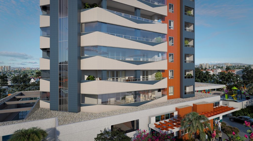 Imagem ilustrativa de empreendimento com valorização imobiliária em Guarulhos, trata-se do AYA, na Vila Augusta. Um prédio moderno com amplas sacadas em área privilegiada da cidade.