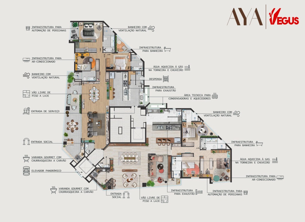 Visão de uma arte com a planta humanizada do empreendimento imobiliário AYA, na Vila Augusta, em Guarulhos.