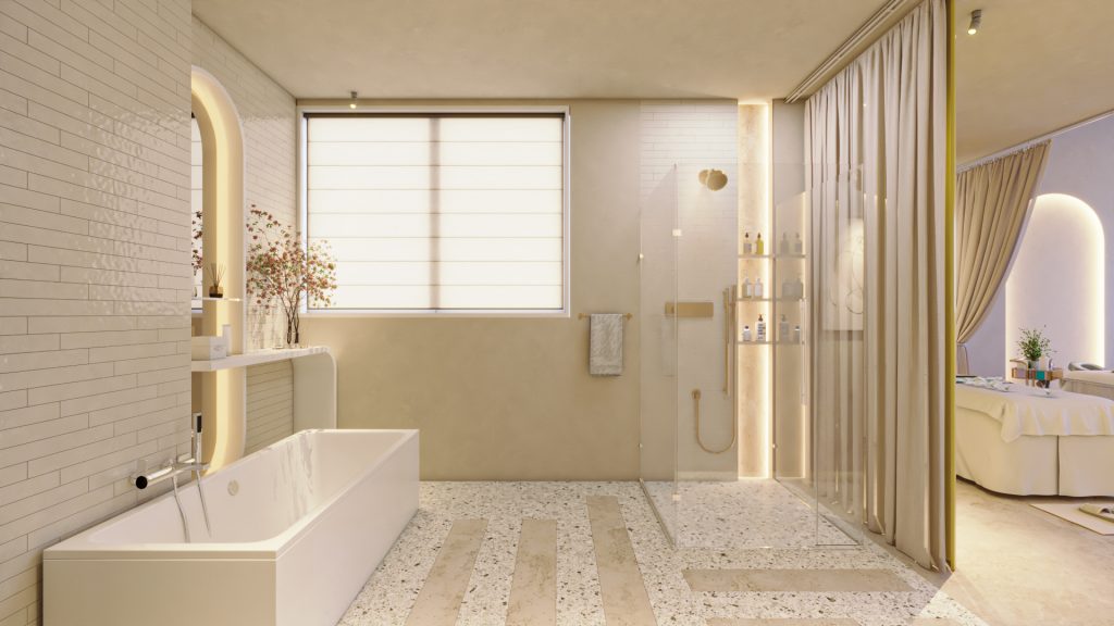 Imagem ilustrativa do Centro de Spa do Horizon, o empreendimento mais tecnológico de Guarulhos, o local tem um box de vidro, uma banheira, é inteiro moderno em tons de bege e branco, com janelas e iluminação indireta