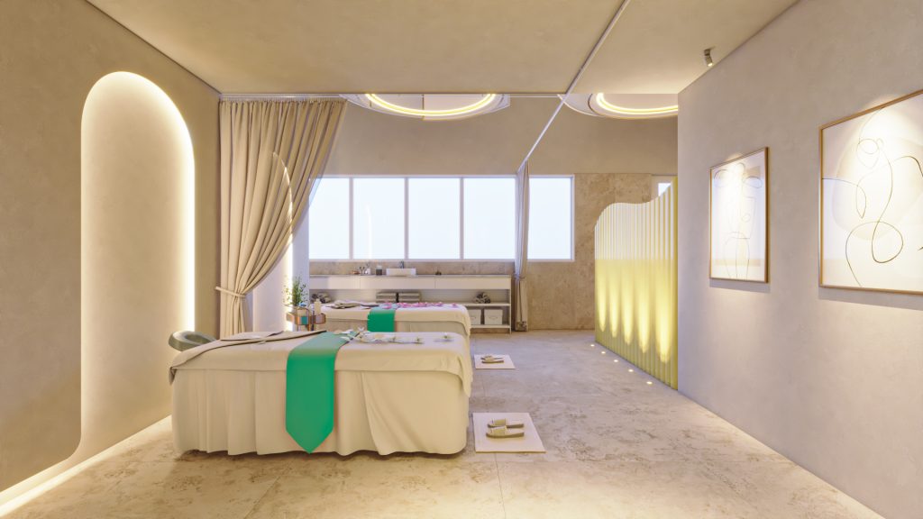Imagem ilustrativa do Horizon, empreendimento imobiliário em Guarulhos, um centro de spa em ambiente tecnológico, bem iluminado, com duas macas, roupões, amplas janelas e iluminação indireta