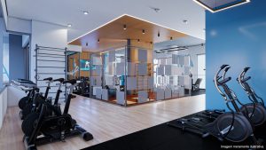 Academia moderna no AYA, empreendimento de alto padrão em Guarulhos, com bicilcetas, esteiras, ambiente amplo e com design minimalista