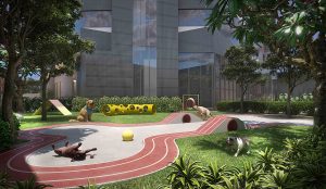 Espaço pet place no AYA, empreendimento de alto padrão em Guarulhos, com brinquedos, árvores e pistas para os pets