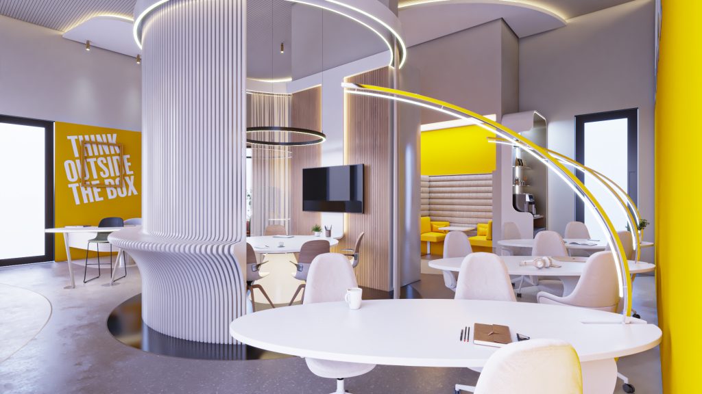 Espaço de coworking moderno e tecnológico no Horzion, o empreendimento mais tecnológico de Guarulhos, com mesas redondas, cadeiras, televisão, espaço para café e design futurista