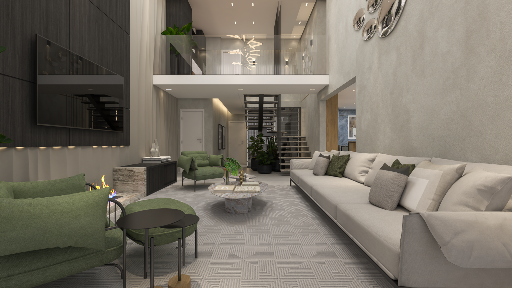 Imagem do decadora duplex do Horizon, empreendimento tecnológico em Guarulhos, com ampla sala de estar e escada para o andar superior, com decoração sofisticada e preparo para automação residencial